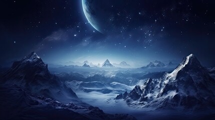 A beautiful winter landscape with a full moon in the background. The snow-covered mountains are majestic and the stars are twinkling brightly.