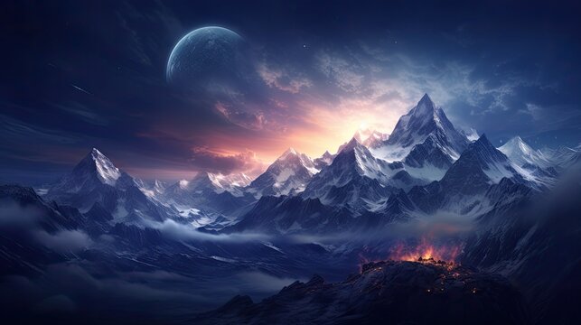 A beautiful landscape of snow-capped mountains at night. The sky is dark and starry, and a large moon hangs in the distance.