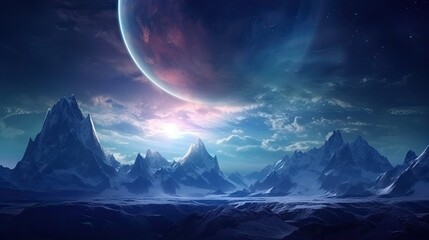 A beautiful winter landscape with a large moon in the background. The mountains are covered in snow and the sky is a deep blue.