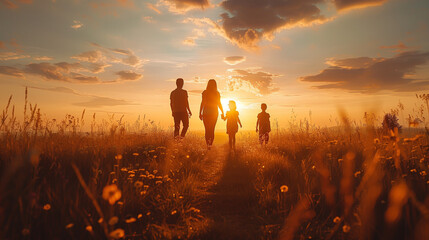 silhouette of a family in sunset, Outdoor fields