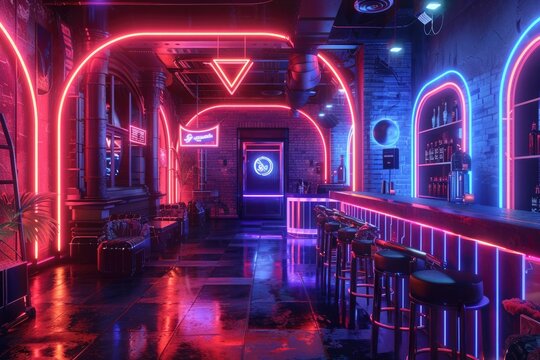 At night, neon lights in the bar, cyberstyle