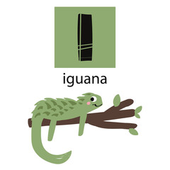 Animal alphabet letters. Cute baby animal letter I with iguana. English alphabet for kids. animal cartoon character. Educational flat vector illustration.