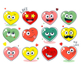 Obraz premium Cute Valentine heart in kawaii style. Collection of heart-shaped emoticons with different mood. Set of cute funny hearts with emoji faces in different expressions. Vector illustration EPS8