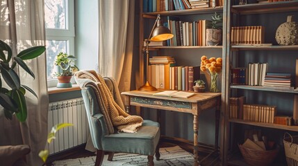 A cozy office nook with a vintage wooden desk, a comfy chair with a throw blanket, a bookshelf with neatly arranged books, and a warm desk lamp