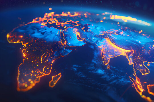Satellite view of Earth globe from space, lights by night, Africa, Middle East, Asia, abstract digital map