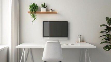 A functional home office with a foldable desk, a simple chair, wall-mounted storage, and a laptop with a wireless mouse