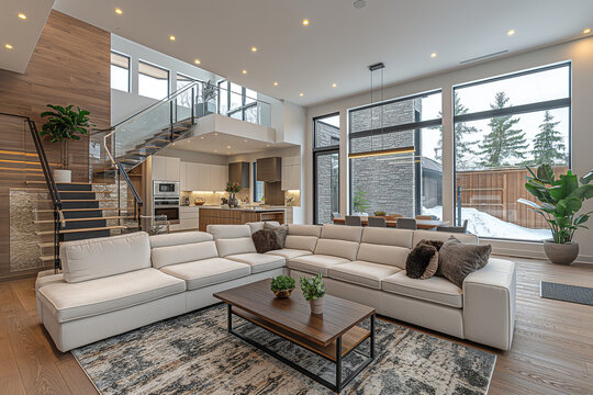 Wide shot of a modern living room with a white couch, grey rug, and dark wood floors in a large upper middle class home