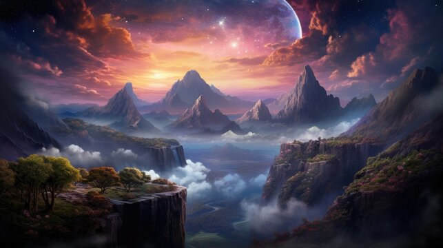 The image is a beautiful landscape of a mountain range at sunset. The sky is a gradient of orange and pink, and the mountains are covered in snow.