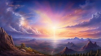 The setting sun casts a warm glow over the rugged mountain landscape. The sky is ablaze with color, and the clouds are tinged with pink and purple.