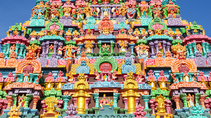 Sculptures of Hindu deities on the shikhara of Arulmigu Kampahareswar Temple, Thirubhuvanam, Tamil Nadu, India.