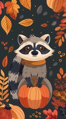 Naklejka premium Raccoon and pumpkins, autumn celebration, flat design illustration
