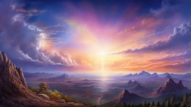 The setting sun casts a warm glow over the rugged mountain landscape. The sky is ablaze with color, and the clouds are tinged with pink and purple.