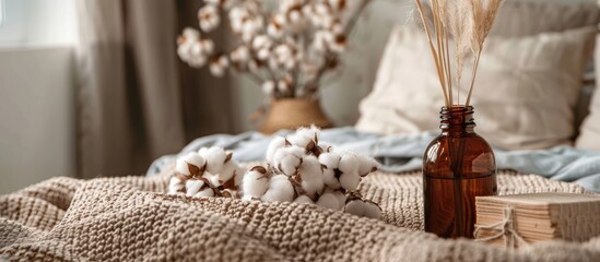 Aromatherapy products for a cozy bedroom atmosphere with a cotton flower fragrance, promoting relaxation and wellness.