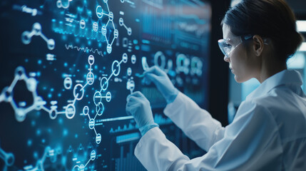 Scientist analyzing molecular structures on floating screen in clinical trial for precise data examination.