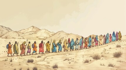 Deuteronomy,Firstfruits and Tithes,Biblical Illustration: Israelites Bringing Firstfruits and Tithes to the Priest, Symbolizing Gratitude and Dedication, Beige Background, Copyspace