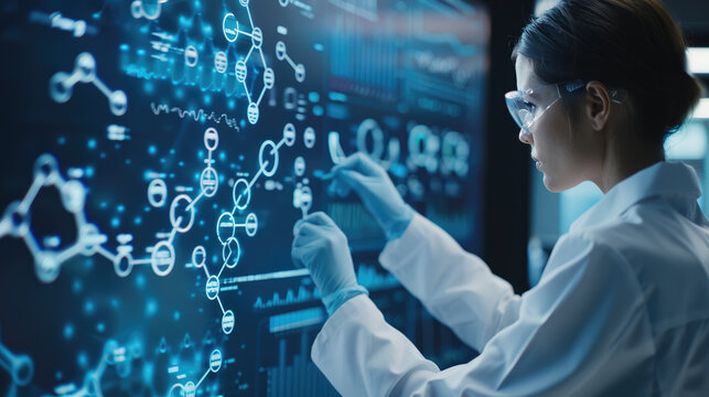 Scientist analyzing molecular structures on floating screen in clinical trial for precise data examination.