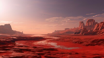 A beautiful landscape of a red planet with a river running through it. The sky is a light blue and the sun is setting.
