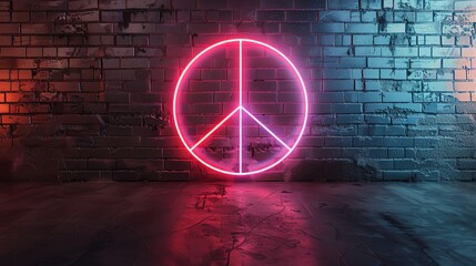 A neon peace sign on a brick wall with pink and blue lighting. - Powered by Adobe