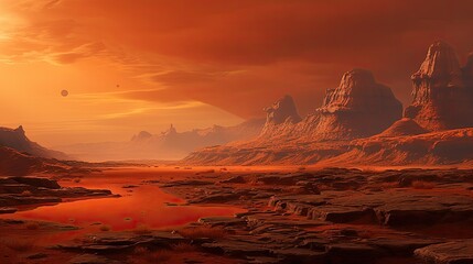 A beautiful landscape of a red planet with a canyon and two moons in the sky.