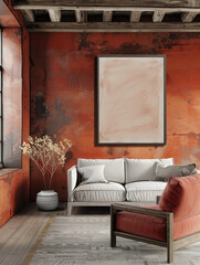 Rustic terra cotta armchair and sofa in modern Scandinavian living room with wall frame.