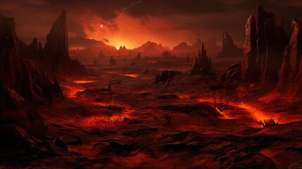 A volcanic landscape with a red sky and lightning. The ground is cracked and there are large rocks and boulders everywhere.