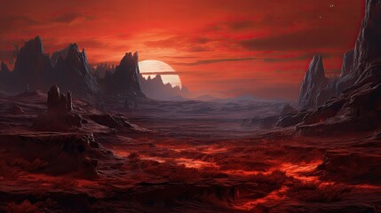 Naklejka premium A barren and inhospitable alien landscape with a red moon in the distance. The ground is cracked and fissured, and there is no sign of vegetation.