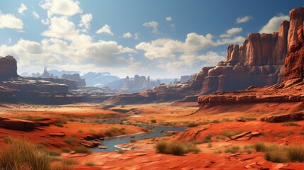An arid desert landscape with red rocks and mountains in the background