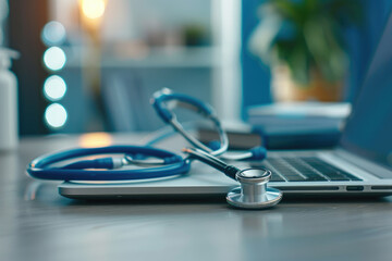 Virtual consultation setup with laptop, stethoscope, medical books, telemedicine, healthcare technology.