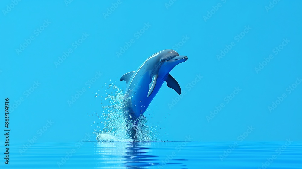 Poster A dolphin leaps out of the water in front of a blue background.