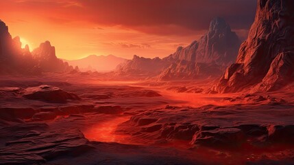 A barren alien landscape with a red rocky surface and a large crater in the foreground.