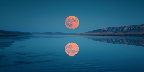 Full moon reflected perfectly in a calm lake with mountains in the background.