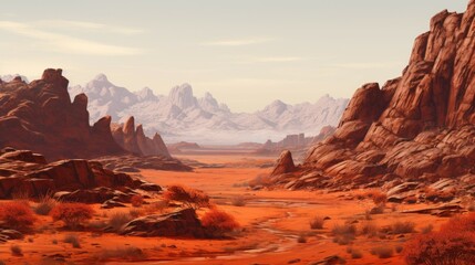 Naklejka premium A vast and desolate desert landscape with towering red rock formations. the scene is bathed in warm golden light.