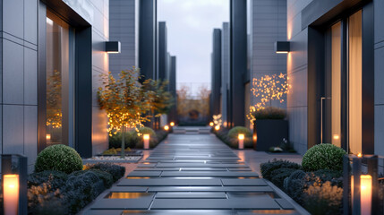 Fototapeta premium Modern private black townhouses, modular design, residential architecture exterior concept, shot in late afternoon or morning.