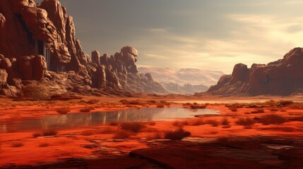 A stunning landscape of a red rocky desert with a oasis. The red rocks are towering over the desert floor, creating a sense of awe and wonder.