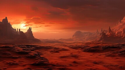 A barren desert landscape with a large sun setting in the background.
