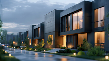 Modern private black townhouses, modular design concept for residential architecture exterior, captured in late afternoon or morning shot.
