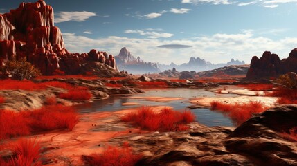 A beautiful landscape of a red rocky desert with a river running through it. The sky is blue and there are some clouds in the distance.