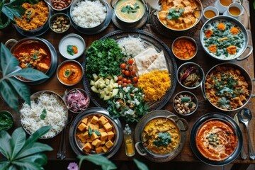 Fototapeta premium An elaborate spread of various Indian dishes, showcasing rich colors and diverse ingredients.