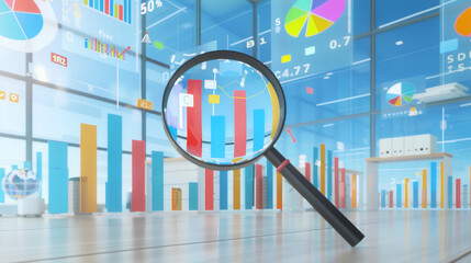 A magnifying glass over colorful bar graphs and pie charts on digital screens,