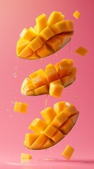 Levitating mango cut pieces separated pastel color
