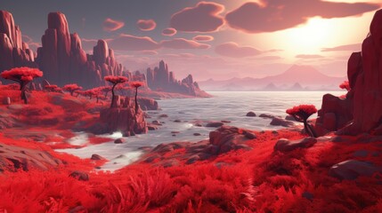A beautiful landscape with a red rocky cliff and a body of water. The sky is a gradient of orange and pink, and the sun is setting.