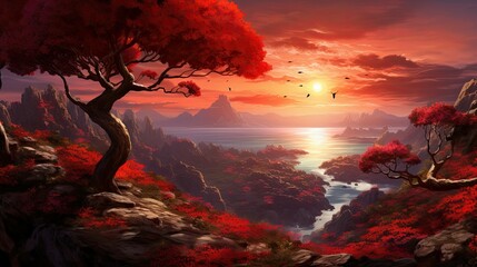 A beautiful landscape with a large red tree in the foreground. The tree is surrounded by red leaves and there is a river in the background.