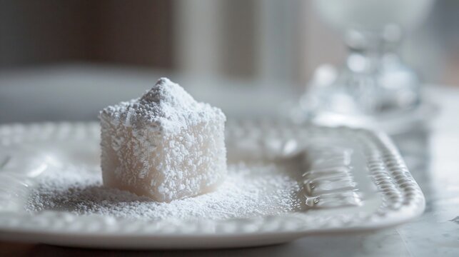 A small, delicate piece of Turkish delight, placed on a clean white dish with a light dusting of powdered sugar
