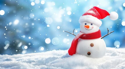 Snowman with a Santa hat and red scarf in a snowy landscape