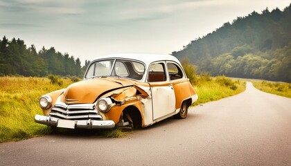 old damaged vintage style car standing at the side of the road