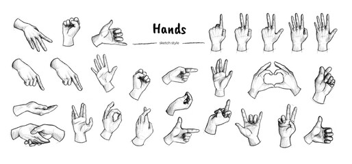 Pack de mains façon croquis (doodle). Collection de mains noir et blanc, dessinées à la main au crayon à papier. Différentes position de main façon esquisse. Crayon porte-mine. Fichier transparent.