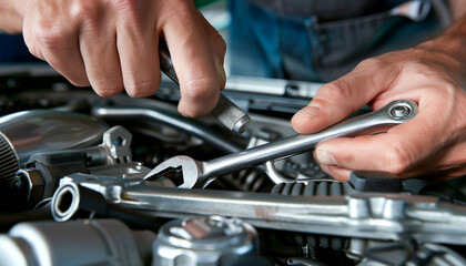 Skilled Car Mechanic Working with Wrench on Engine in Garage Workshop - Concept of Car Service