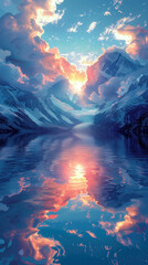 Alaska Glacier and Icebergs at Sunrise Sunset Paper Cut Phone Wallpaper Background Illustration