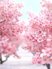 Fototapeta premium Serene cherry blossom grove, holographic petals, tranquil nature, peaceful spring scene