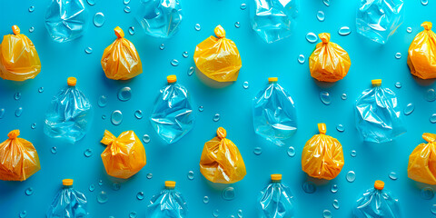 .Plastic bags arranged in a pattern on a color background.
